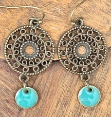 Etched Bronze Mandala with Turquoise Green Dangle Earrings.