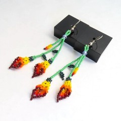 Huichol Beaded Dangle Earrings Red Yellow Calla Lily Flower Boho Handmade Mexico