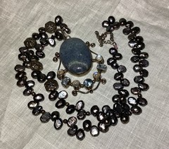 Lovely Handmade Denim Lapis, Cultured Pearls, Crystal & Sterling Silver Necklace