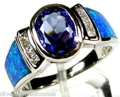 2.5 Carat Tanzanite & Blue Fire Opal Inlay Solid 925 Sterling Silver Ring Sz 6-9