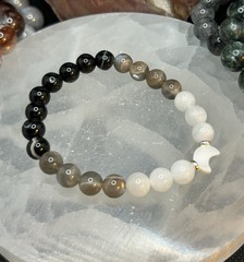 Moon Phase Stretch Bracelet 8mm 7” W/ S925 Accent Beads, Moonstone, And Agate