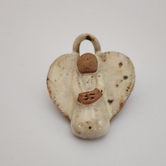 Artisan Clay Heart Shaped Angel Figurine Pin Pendant Rustic Folk Art Glazed