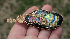 Large Dichroic Glass Pendant 14K Gold Filled Wire-Wrapped Iridescent Multi Color