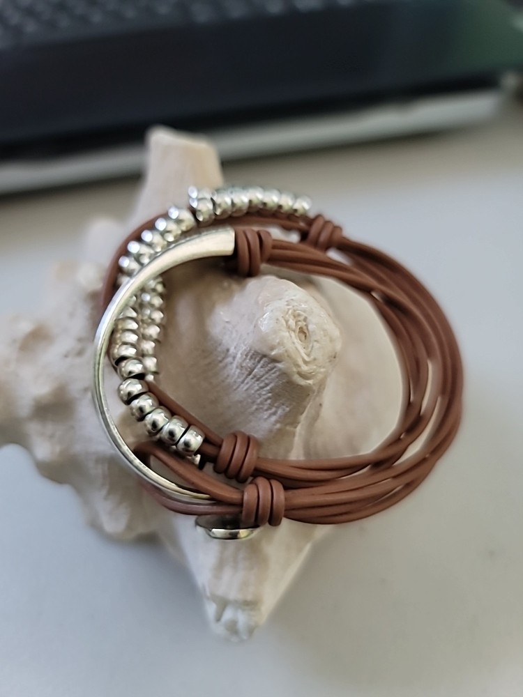 Silver plated beaded Wrap Cuff Bracelet Uno De 50 Style Light Tan minimalist