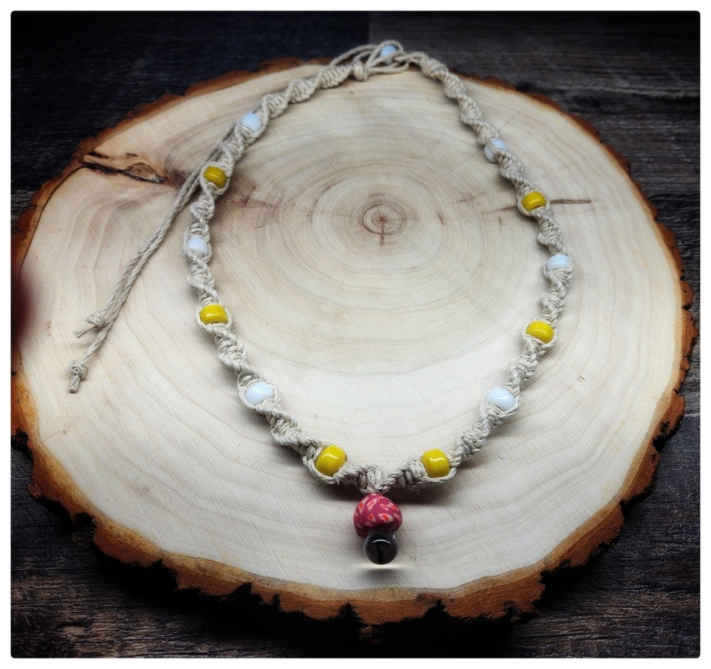 Natural Colored Hemp Necklace With Fimo And Glass Mushroom Pendant & Glass Beads