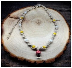 Natural Colored Hemp Necklace With Fimo And Glass Mushroom Pendant & Glass Beads