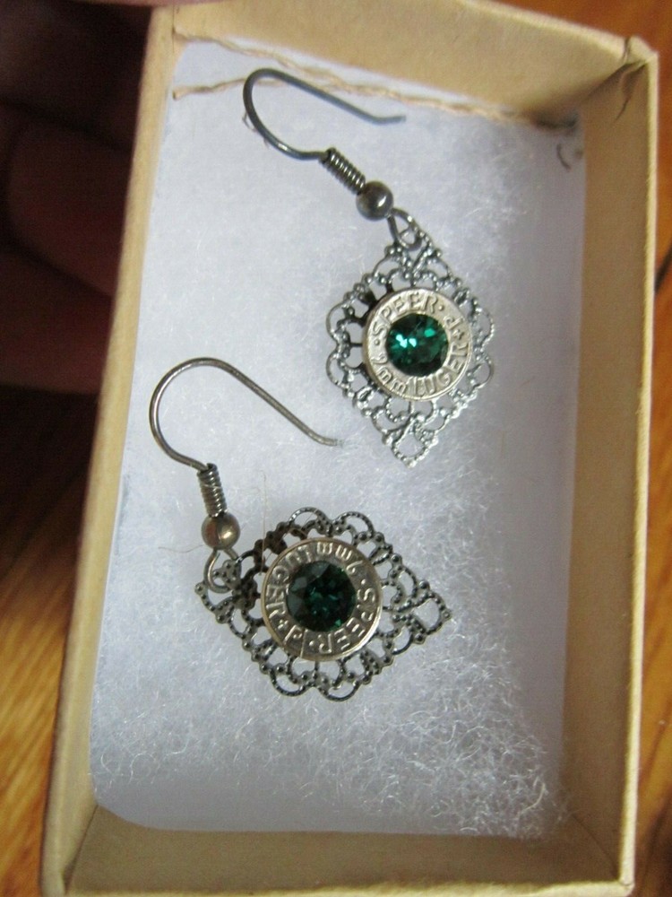 Earrings Real Speer Luger 9mm Bullet Green Glass Crystal Dangle Pierced Jewelry