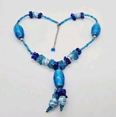 Turquoise Blue Lampwork Glass & Acrylic Beads Y-Drop Necklace Silver tone