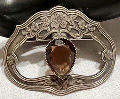 ART NOUVEAU SILVER Etched Flower Glass Topaz SASH PIN BROOCH Vintage ANTIQUE