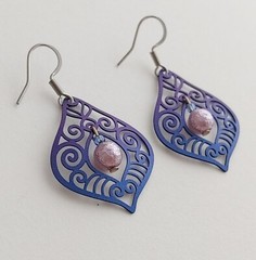 Handmade Blue Purple Filigree Earrings Swirl Dangles Beads Gift Rdy Lightweight
