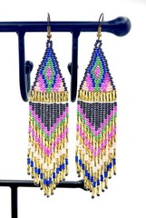 Artisan Fringe Tassel Fringe Boho Seed Dangle Drop Earrings Pink Blue Green Gold