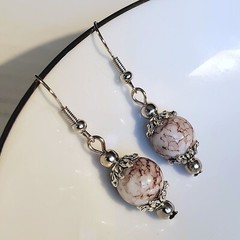 Art Nouveau Mottled White Brown Glass Beads Antiqued Silver Earrings