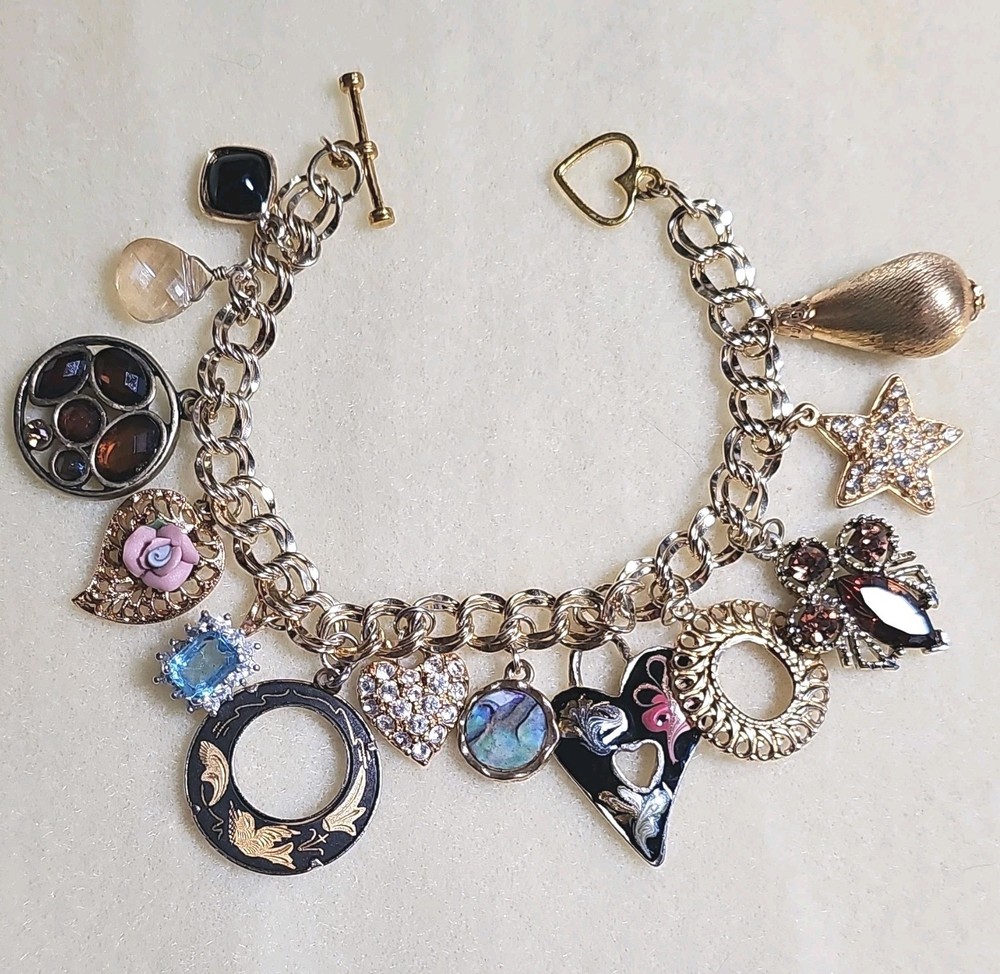 Handmade Gold Tone Cable Chain Charm Bracelet Heart Toggle Dangle Vtg Charms