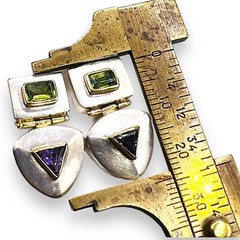 MICHOU Design Amethyst Peridot 22k Sterling Silver Two Tone Earrings 24 mm