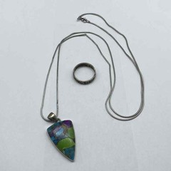 Sterling Silver 925 Turquoise Mosaic Pendant Necklace 28″ & Scroll Ring Sz 7