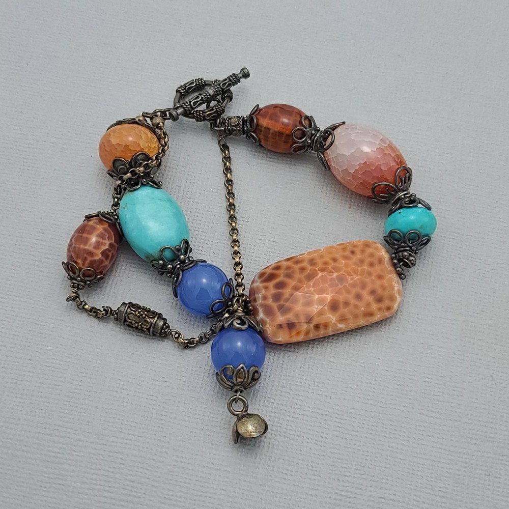 Handmade Leopard Skin Agate Turquoise Boho Bracelet with Sterling Silver Beads.