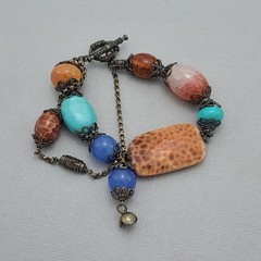 Handmade Leopard Skin Agate Turquoise Boho Bracelet with Sterling Silver Beads.