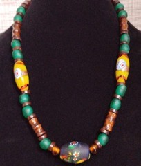 Tribal Style Murano Millefiori Frosted Green Glass & Wood Beaded Necklace