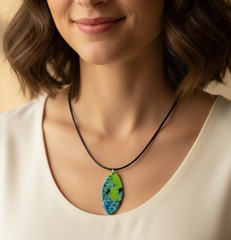 Handmade Blue & Green Abstract Floral Polymer Clay Large Pendant Necklace Chain