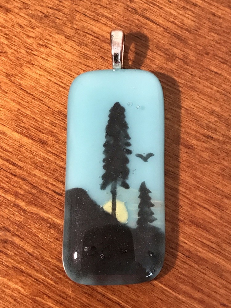 Indie Boho Fused Glass Pendant Mountain Cedar Trees Bird 2” Silvertone Loop Blue