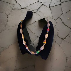 Paper Bead Necklace 34″Length And A Western Flare, Large Silver Corrugated Beads