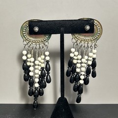 Vintage Silver Tone Chandelier Statement Earrings Black White Western Festival