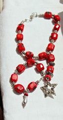 Taxco Mexico Red Coral Necklace Bracelet Set Artisan Strling Silver Star Pendant