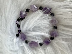Raw Amethyst & Black Onyx Adjustable Beaded Bracelet Boho Gemstone