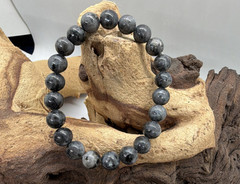 Larvikite Gemstone Beaded Stretch Bracelet Round Gray Unisex Adults