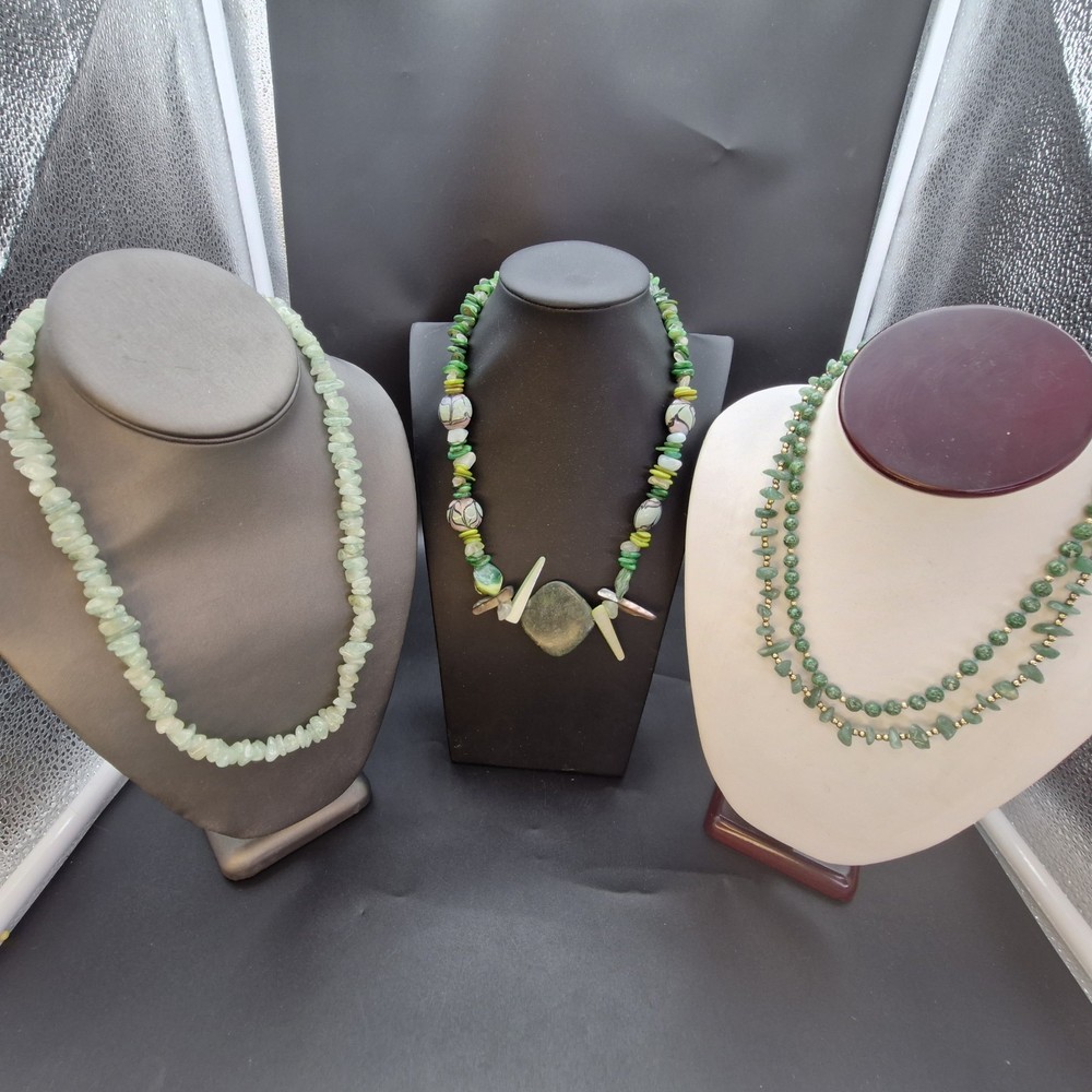 Lot 4 Green Stone & Shell Necklaces Malakite, Jadeite, Aventurine, Abalone 16-18