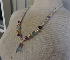 Fluorite Double Terminated Point Adjustable Hemp Necklace w Amethyst Stone Beads