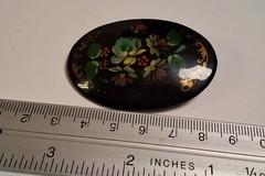 Russian Lacquer Brooch Hand Painted Black Floral Multicolor Flower Gold Edge