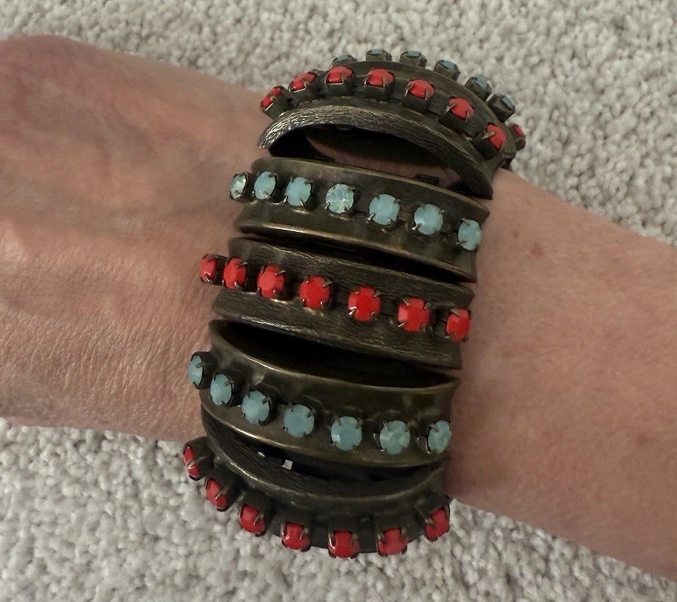 Nicholas Frangos Signed Aqua and Coral Crystal Bracelet