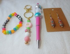 Handmade Beaded Pen, Beaded Keychain ,Bracelet, Earrings New Jewelry set