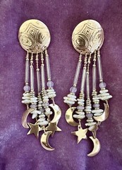 TABRA 14k Gold-Fill Embossed Moon & Stars Rose Quartz Pearl Chandelier Earrings