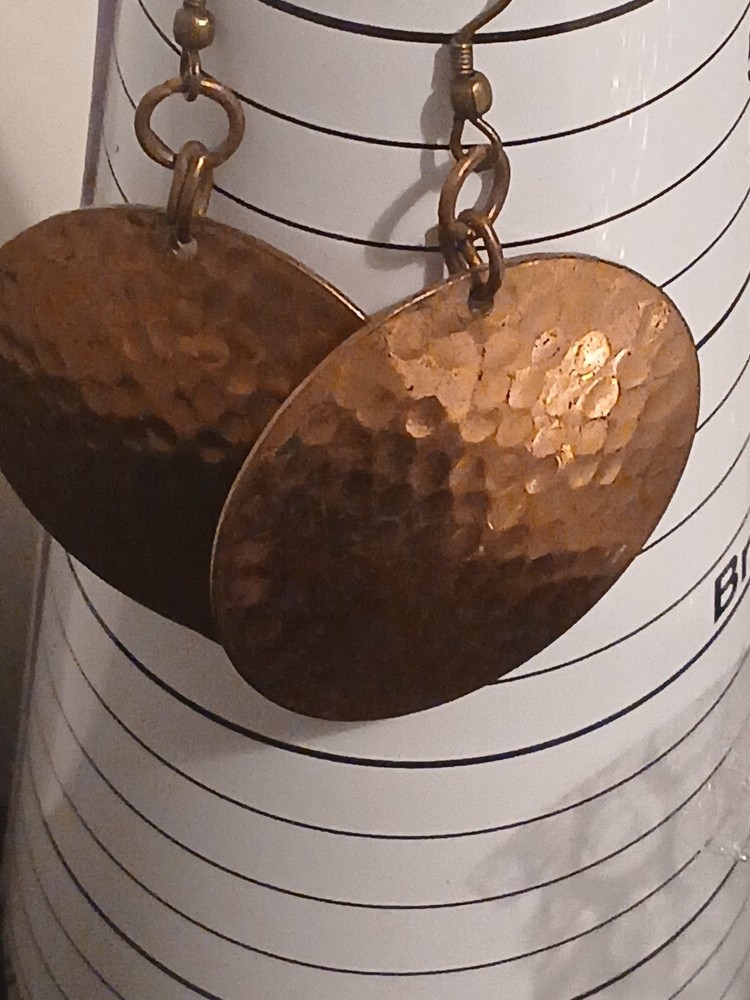Hammered Copper Disc Dangle Earrings Boho Artisan Statement