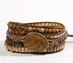 Boho Oval Faceted Picture Jasper Stone Adjustable 5-Layer Beaded Wrap Bracelet