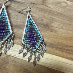 Handcrafted Beaded Teardrop Dangle Earrings Glass Purple Turquoise Gold 2in
