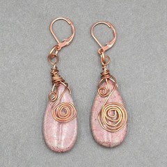 Vintage Copper Wire Wrapped Pink Jasper Dangle Earrings 2.25″ Boho Handmade