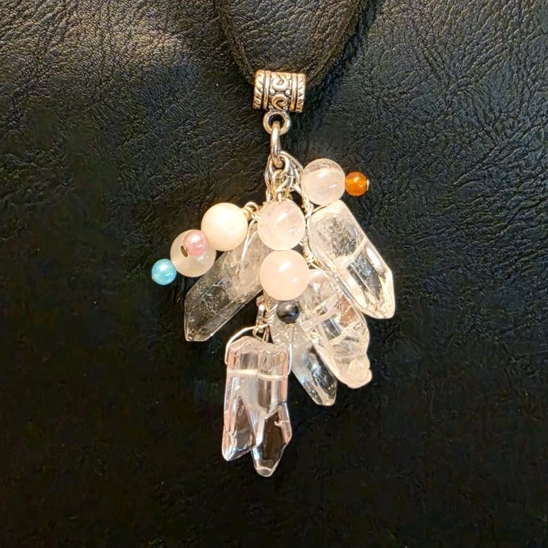 Handcrafted Quartz Crystal Point Charm Pendant Necklace, Beaded, Black Cord, 12…
