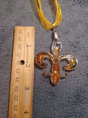 Necklace with 18 inch Gold ribbon and Gold, Brown Glass Fleur-de-lis Pendant