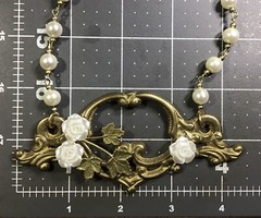 Rose Necklace- Leaves & Roses On Vintage Hardware,faux Pearl Beads , 20” Chain
