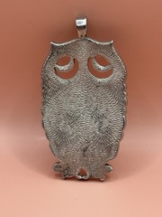 Vintage Signed LUNT Pewter Owl Pendant Necklace Large Boho Brutalist Retro