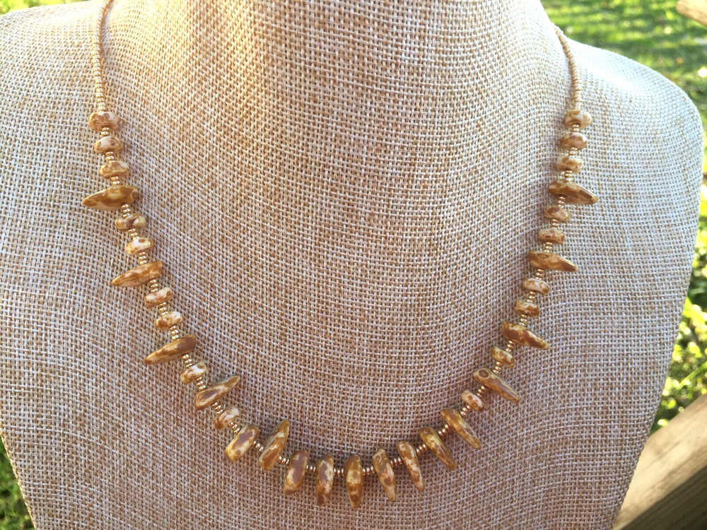 Handmade Necklace of Brown and Cream Czech Glass with Gold Czech Seed Beads