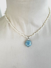 White Pearl Necklace with a Blue Enamel Pendant with a Sun Face New