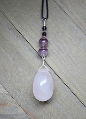 Rose Quartz Pendant With Fluorite Large Teardrop Silver Wired Pink Love Gemstone