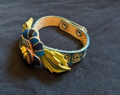 Handmade leather bracelet blue rose cuff beaded flower