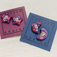 90s 2 Pr Earrings Polymer Clay Moon Star Designs Orig $32 Wear Repurpose