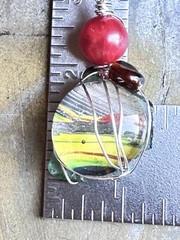 Art Glass Pendant Hand Painted Cabochon, OOAK Wire Wrapped Handmade 4226 Y