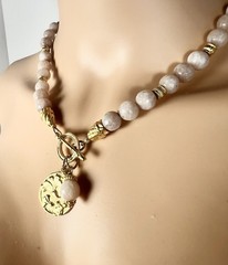 Gold Medallion Pendant Necklace Round Peach/Pink Jade Beads w/ Gold Toggle Clasp